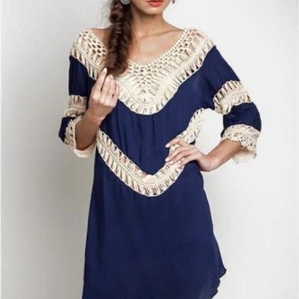 Velzera Navy Cream Crochet Accent midi dress